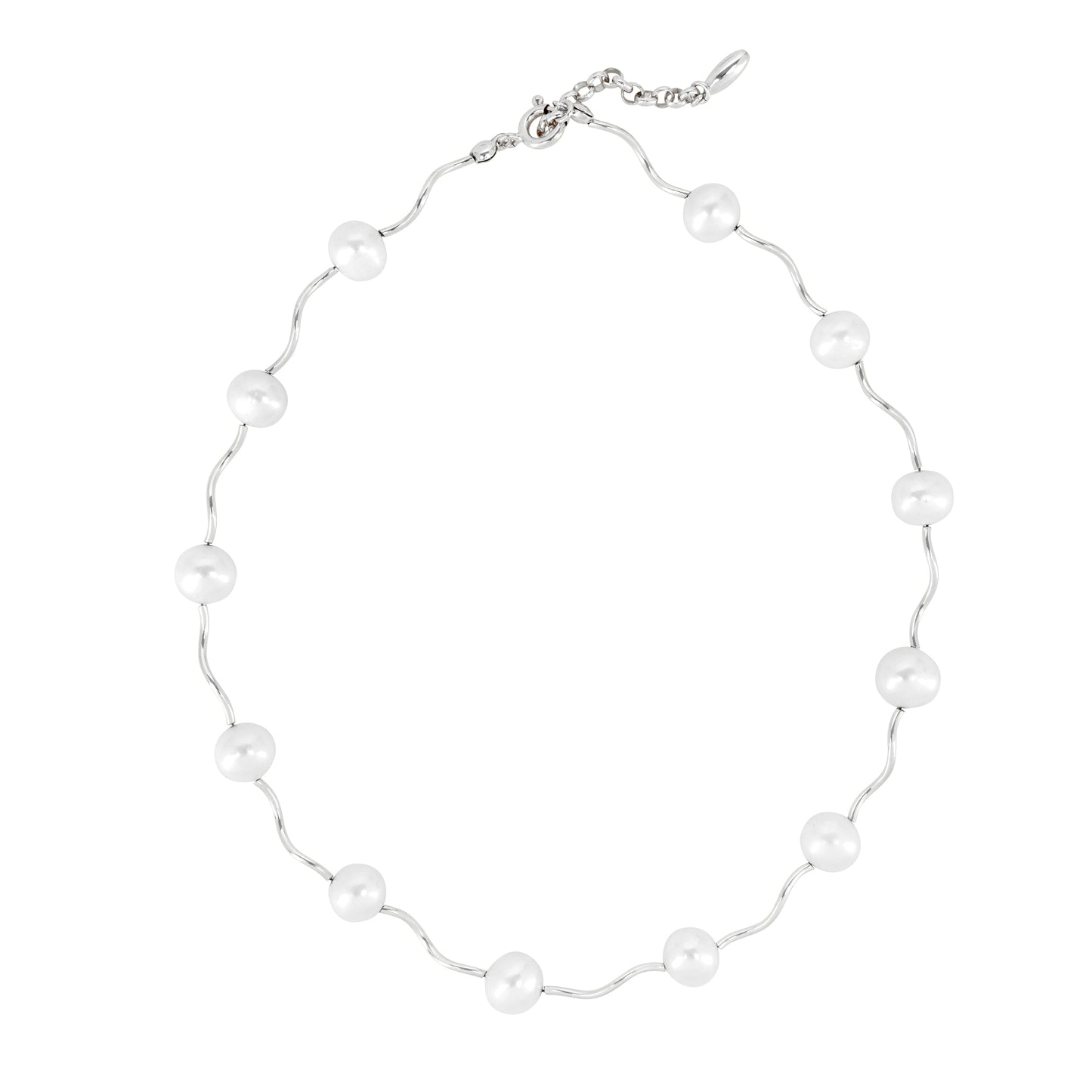 ICON NECKLACE rhodium-plated version with 10mm freshwater pearls and sterling silver tubes