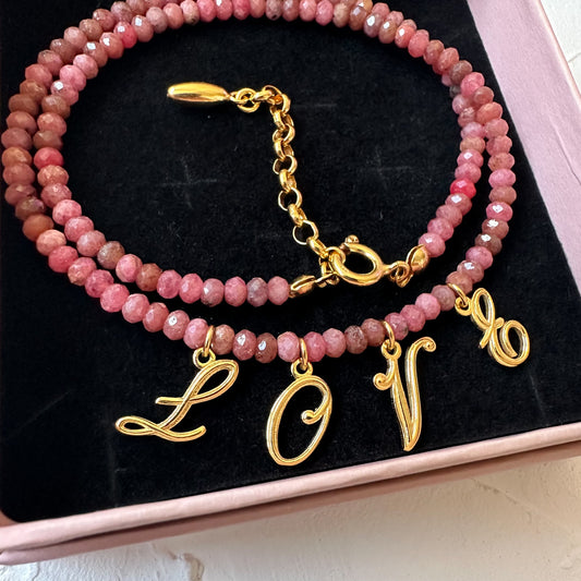 POWER OF LOVE NECKLACE rhodochrosite beads with LOVE letter charms, 925 sterling silver.