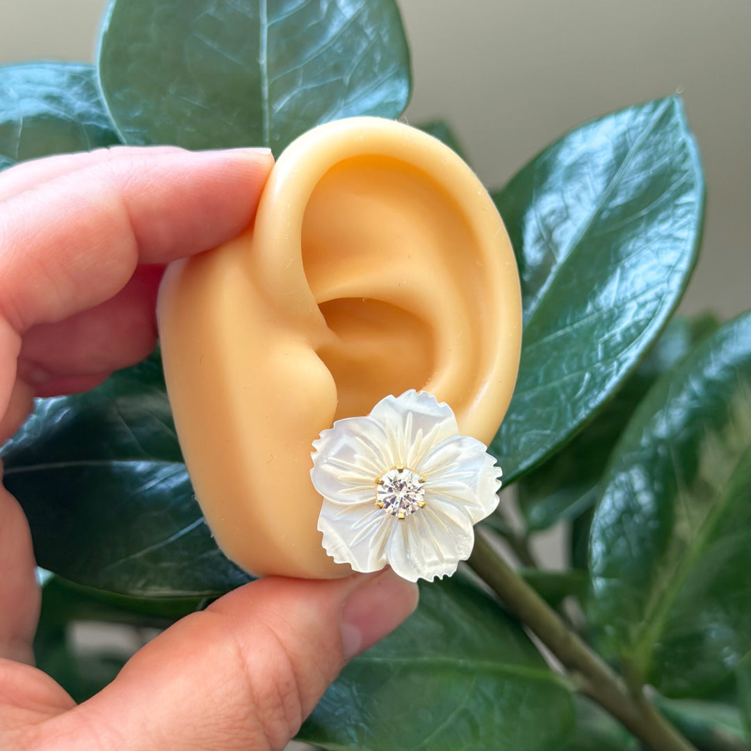 PEONY EARRINGS gold-plated mother-of-pearl flower studs, detailed view showing crystal centers
