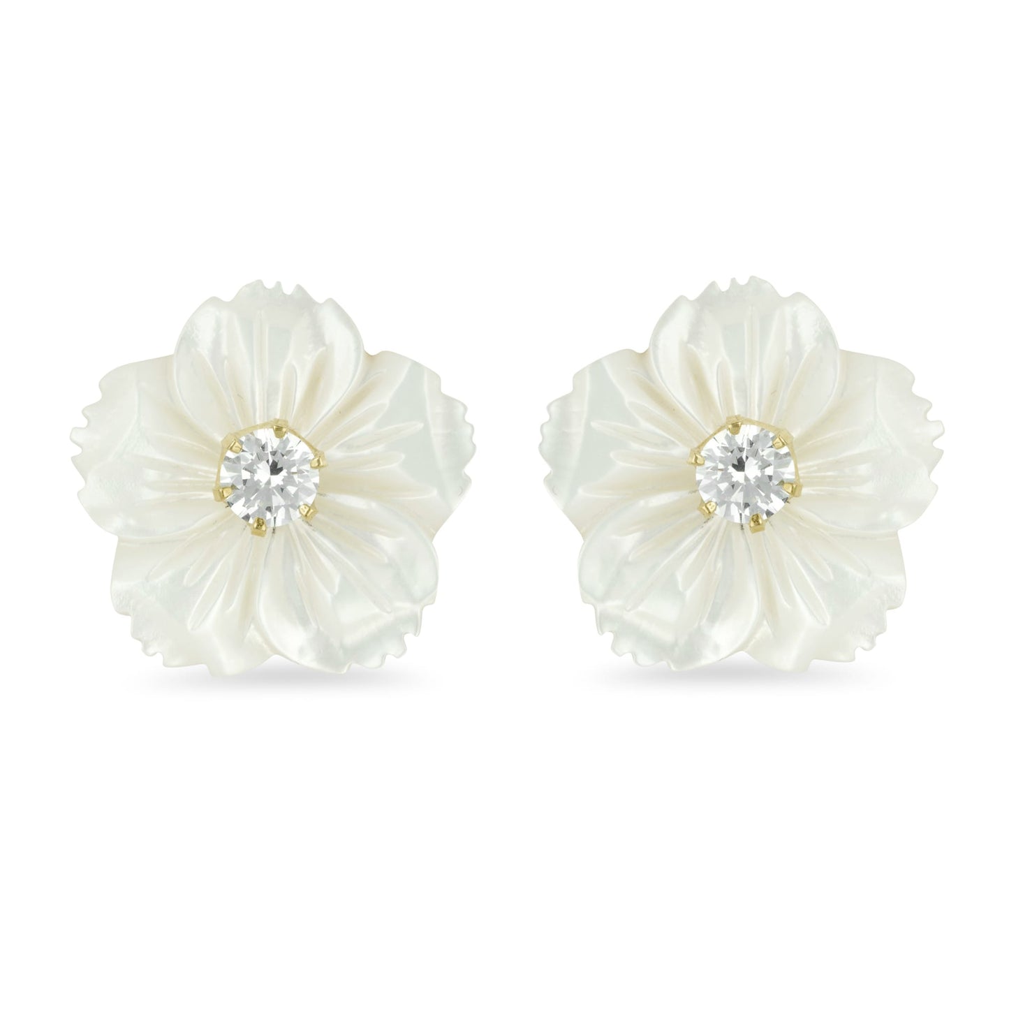 PEONY EARRINGS stud earrings shaped like a carved mother-of-pearl flower with a sparkling crystal at the center.