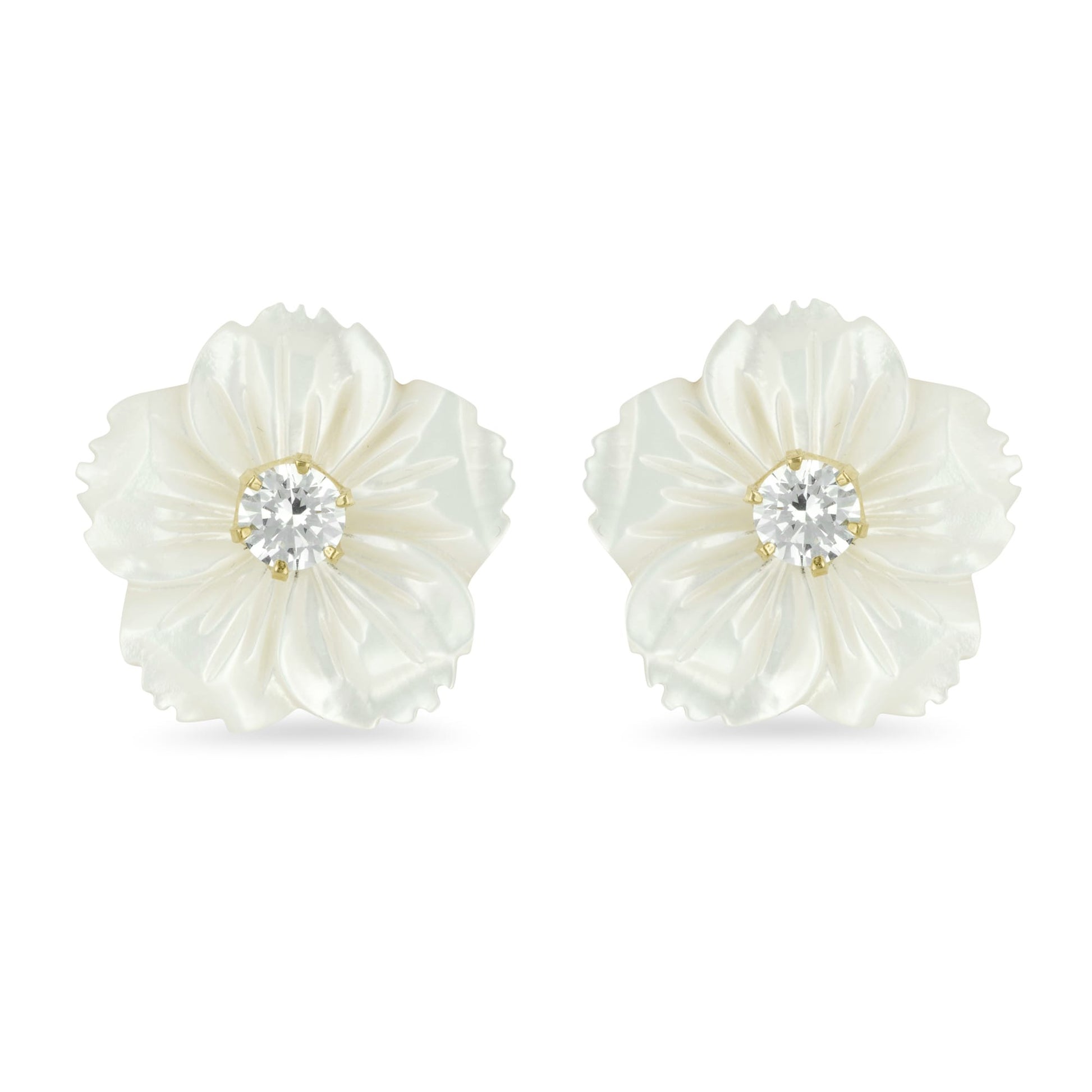 PEONY EARRINGS stud earrings shaped like a carved mother-of-pearl flower with a sparkling crystal at the center.