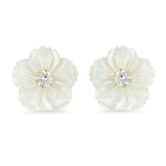 PEONY EARRINGS stud earrings shaped like a carved mother-of-pearl flower with a sparkling crystal at the center.