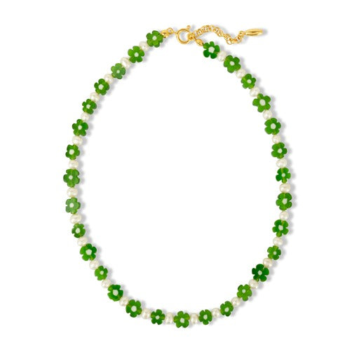 BLOOM NECKLACE freshwater pearls with green millefiori glass flower beads, 925 sterling silver
