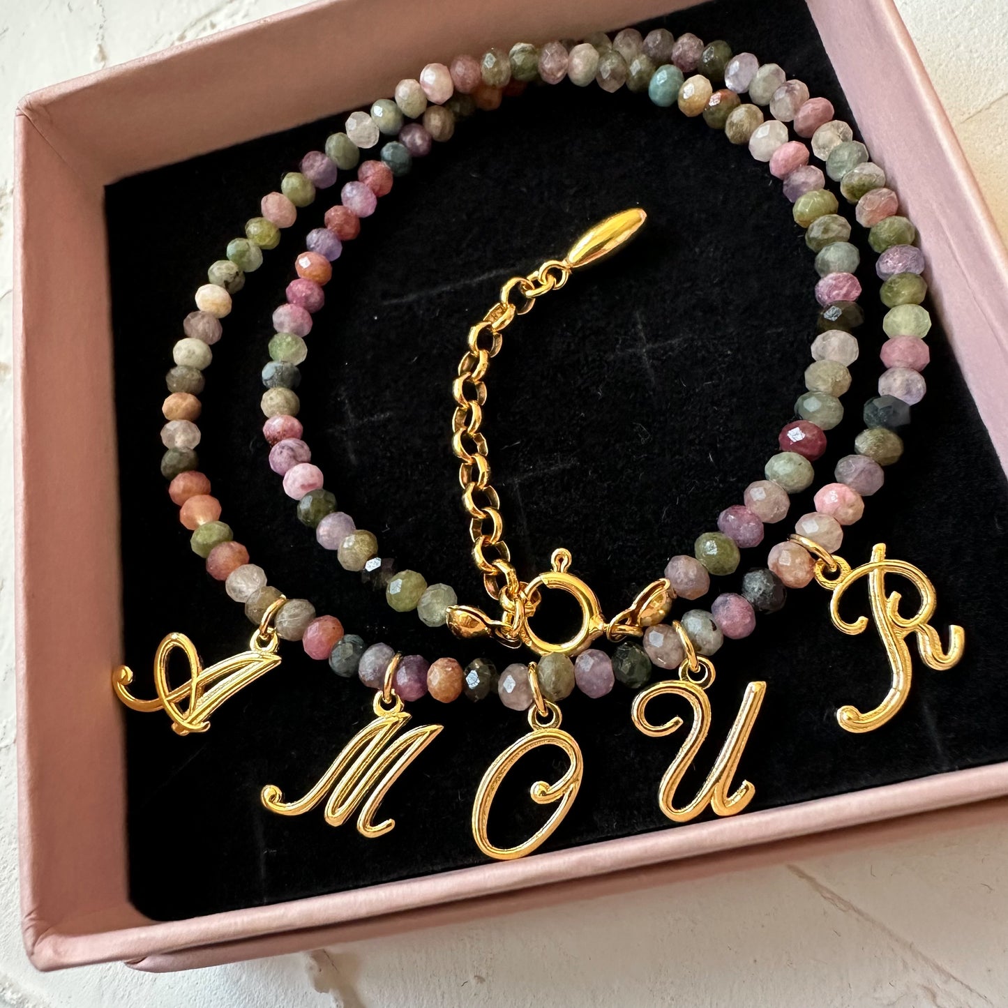 AMOUR NECKLACE tourmaline beads with AMOUR sterling silver letter charm, 925 sterling silver