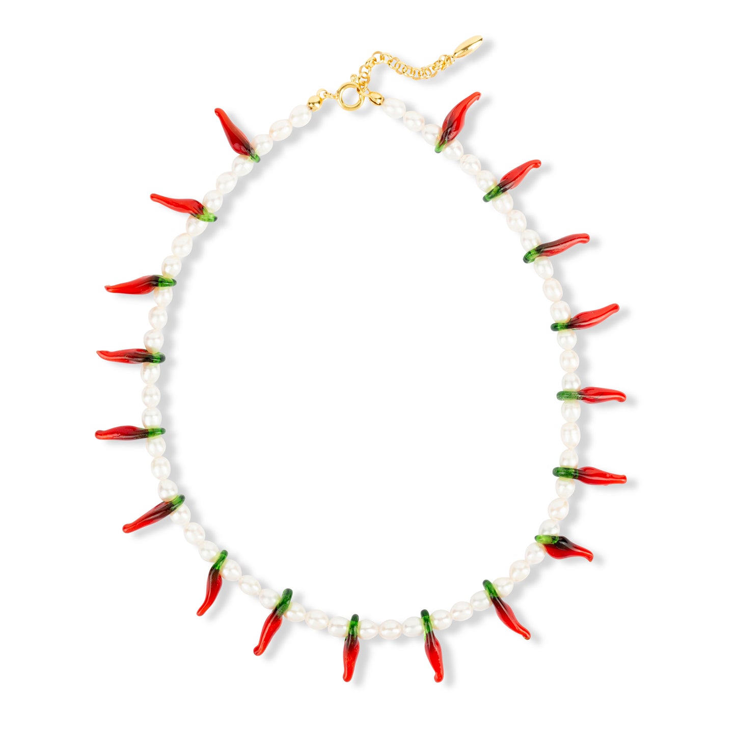 STAY SPICY NECKLACE freshwater pearls with Murano glass chili pepper charms, 925 sterling silver
