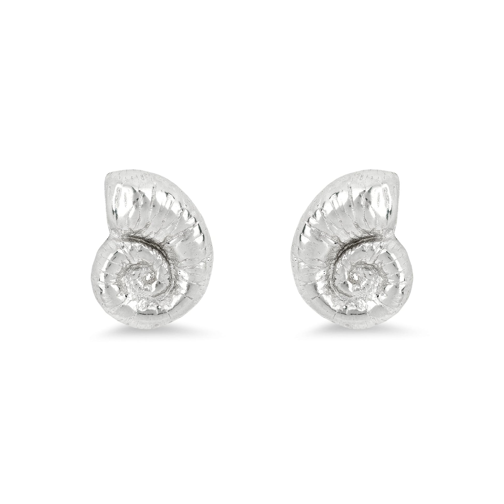 SPIRAL SHELL EARRINGS rhodium-plated sterling silver studs, ocean-inspired spiral design